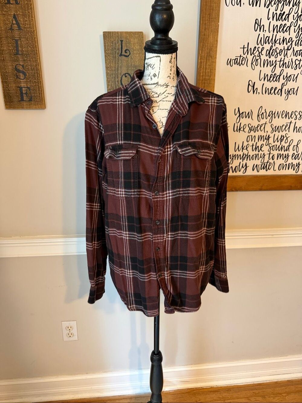 George Women's Plaid Collared Long Sleeve Button Up Shirt Brown Black Large